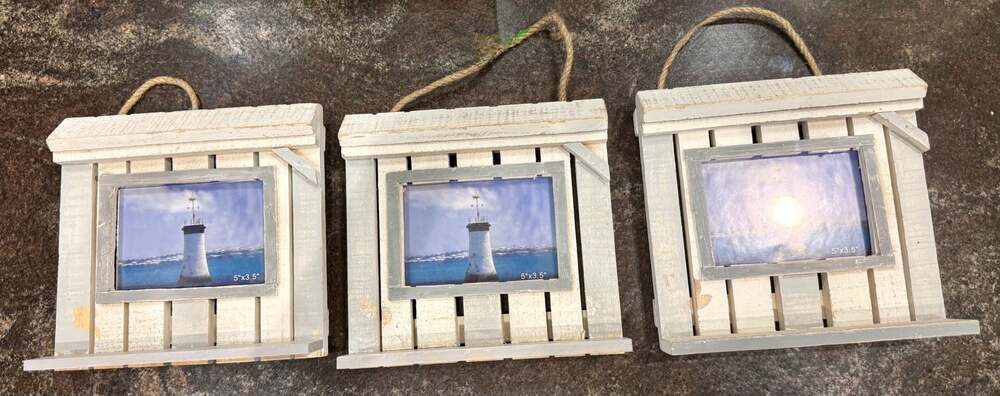 Rustic Coastal Wooden Hanging Picture Frames with Lighthouse Imagery